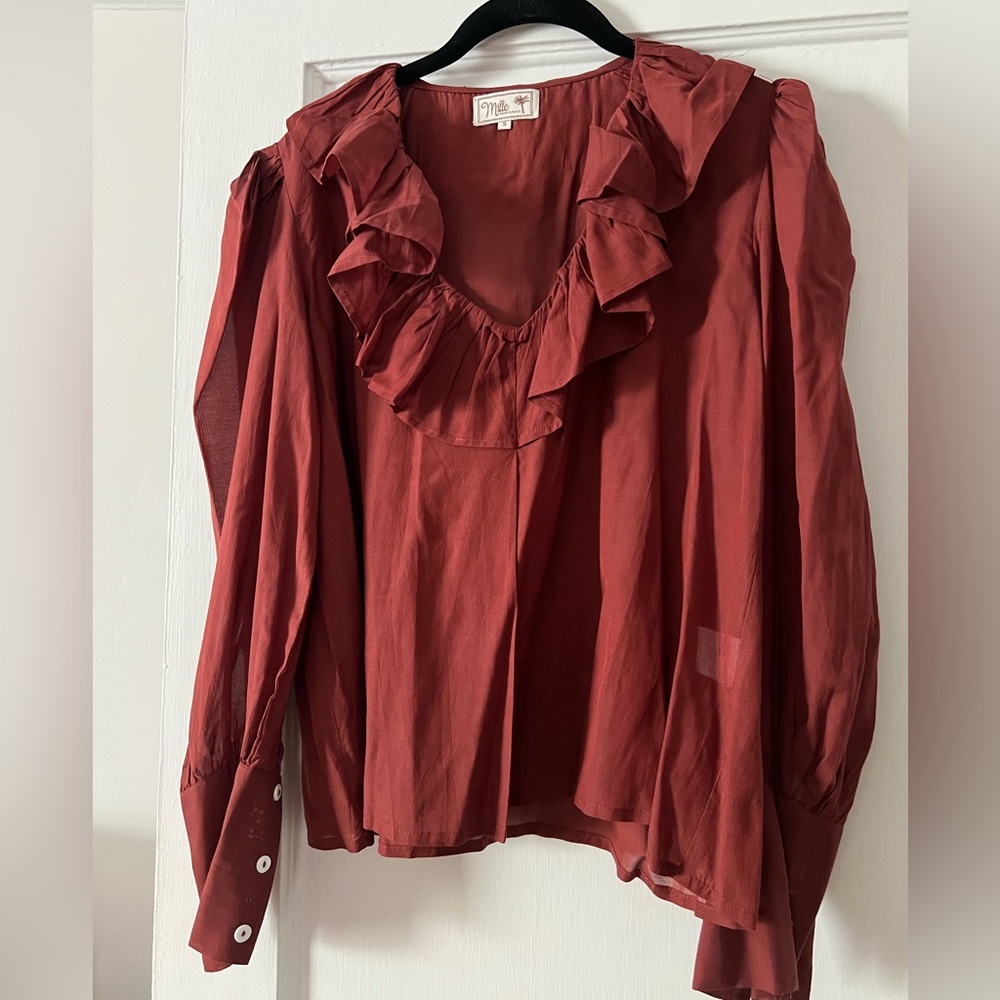 Mille brown ruffle blouse, size small